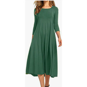 Womens 3/4 Sleeve A-Line Dress Casual Crew Neck Loose Fit Long Green MD 8-12